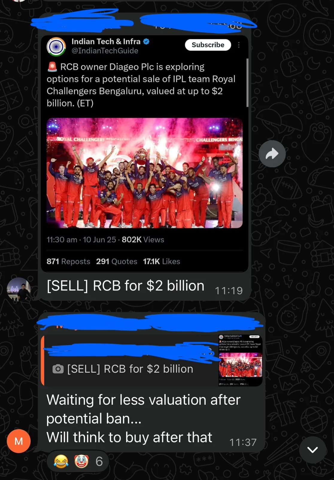 A listing reading '[SELL] RCB for $2 billion' quoting a news post about the team's potential sale, with a reply about waiting for a lower valuation