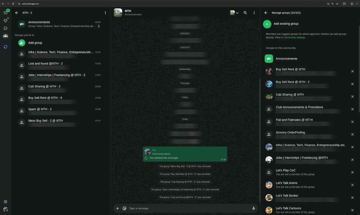 WhatsApp Web showing the groups removed from the old community on one side and the new community's group list on the other