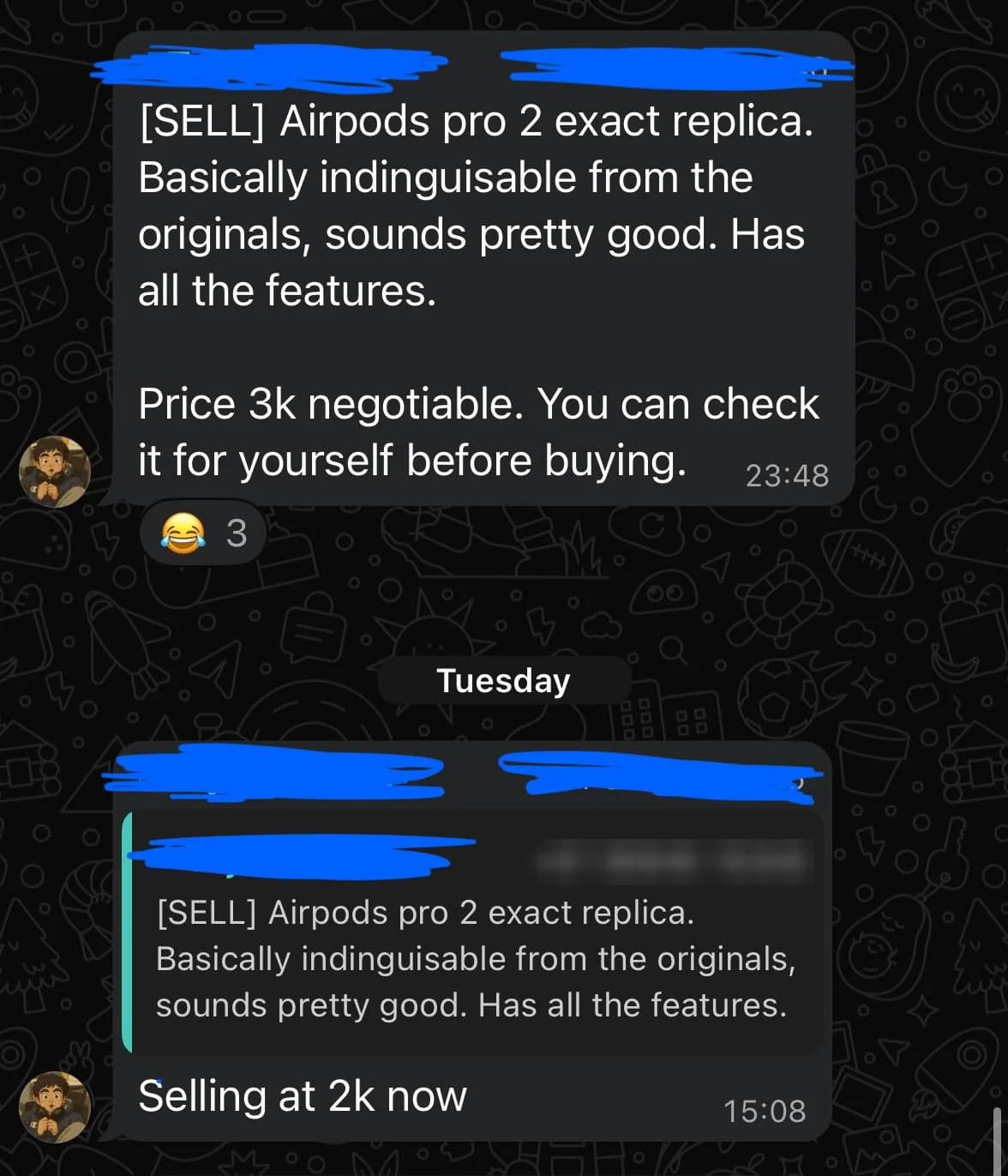 Listing for replica AirPods Pro 2 at 3k negotiable, followed by the seller dropping the price to 2k