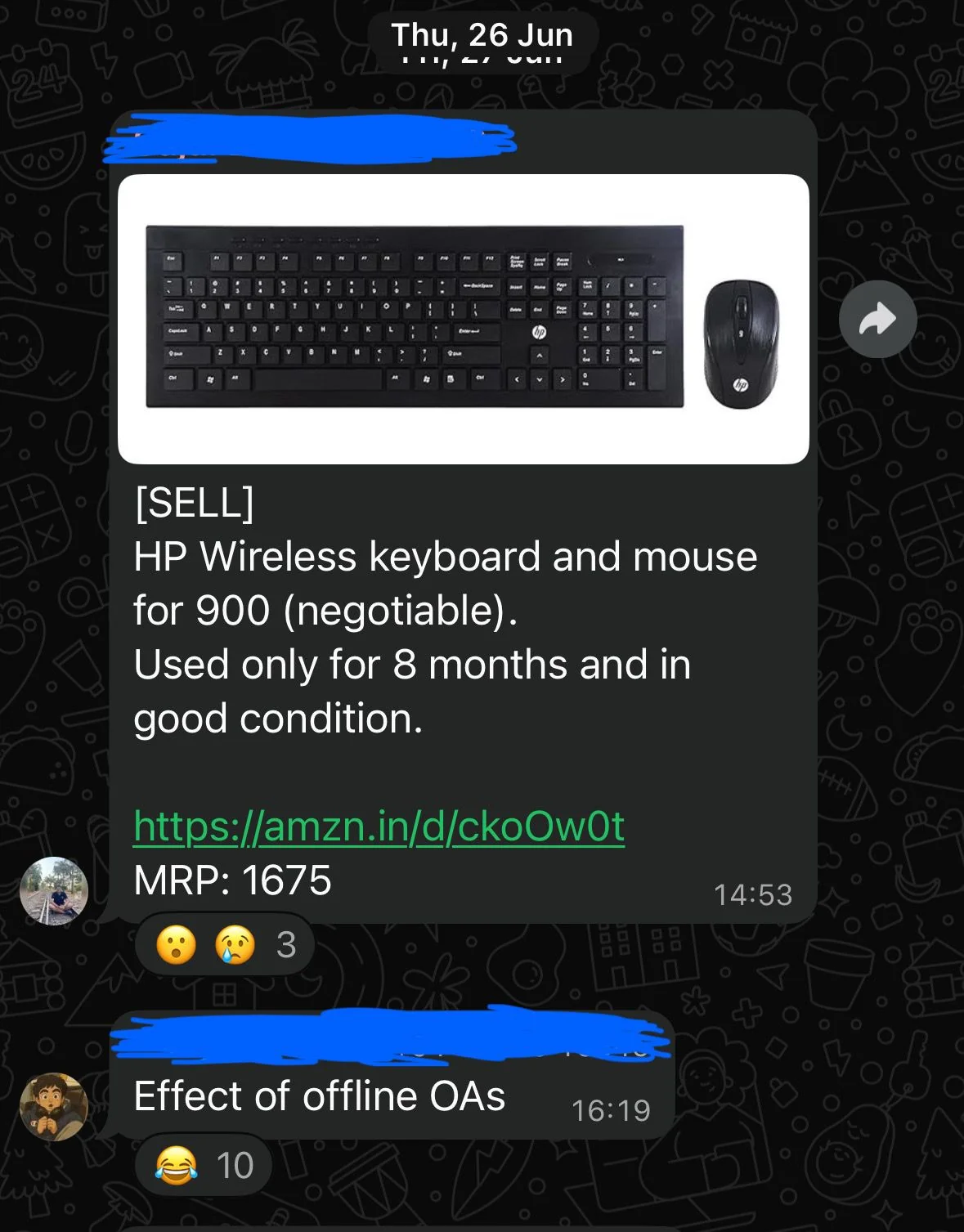 Listing for an HP wireless keyboard and mouse at 900, above the linked MRP of 1675, with the reply 'Effect of offline OAs'