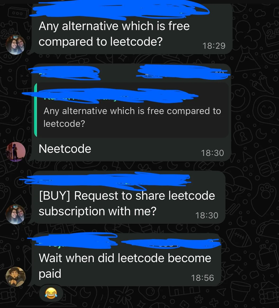 Group chat: someone asks for a free alternative to LeetCode, gets told Neetcode, then another message requests sharing a LeetCode subscription